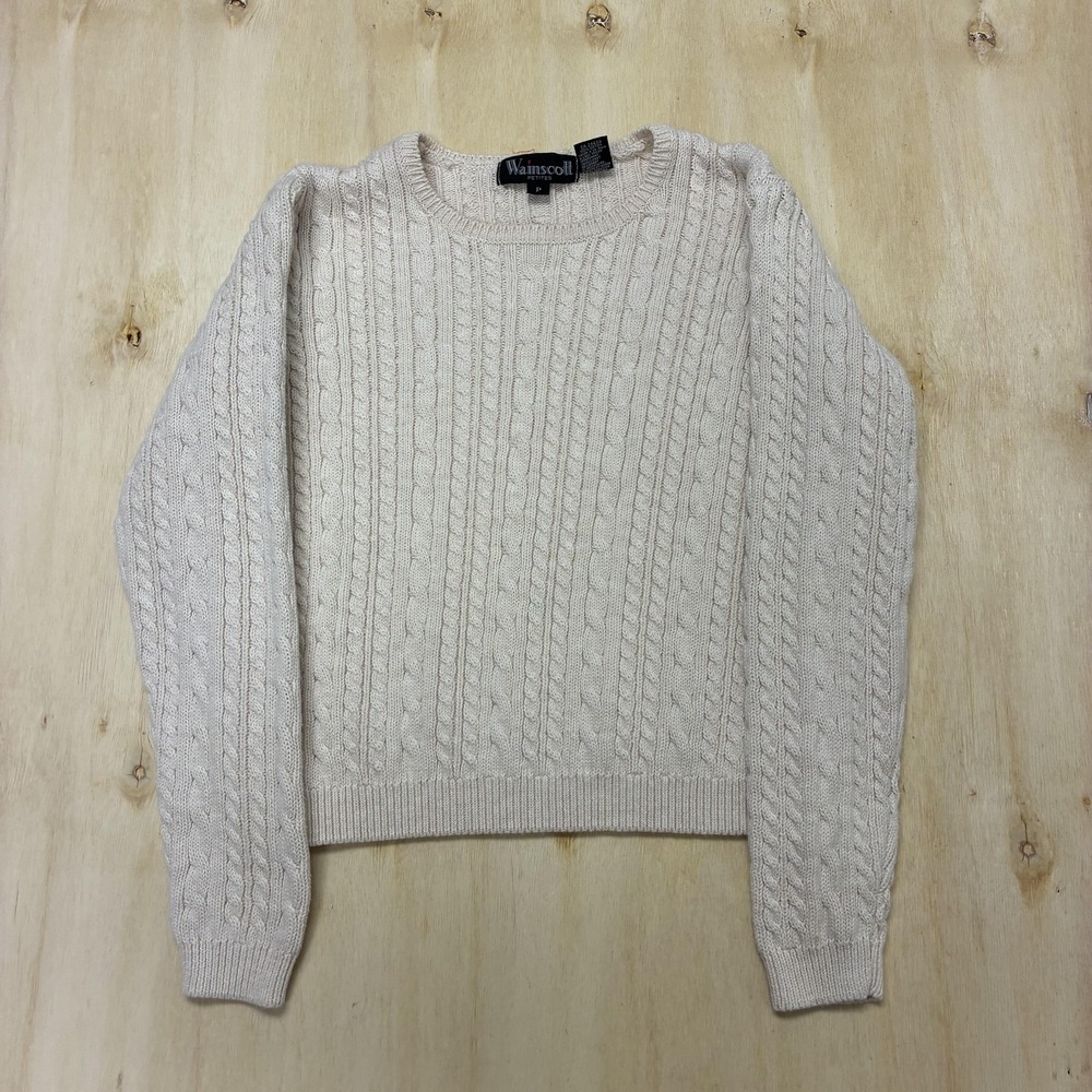 Vintage Wainscott Petites Sweater Womens M White Crew Neck Cable Knit Pullover